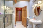 Copper Claim Lodge bathroom with walk in shower. 